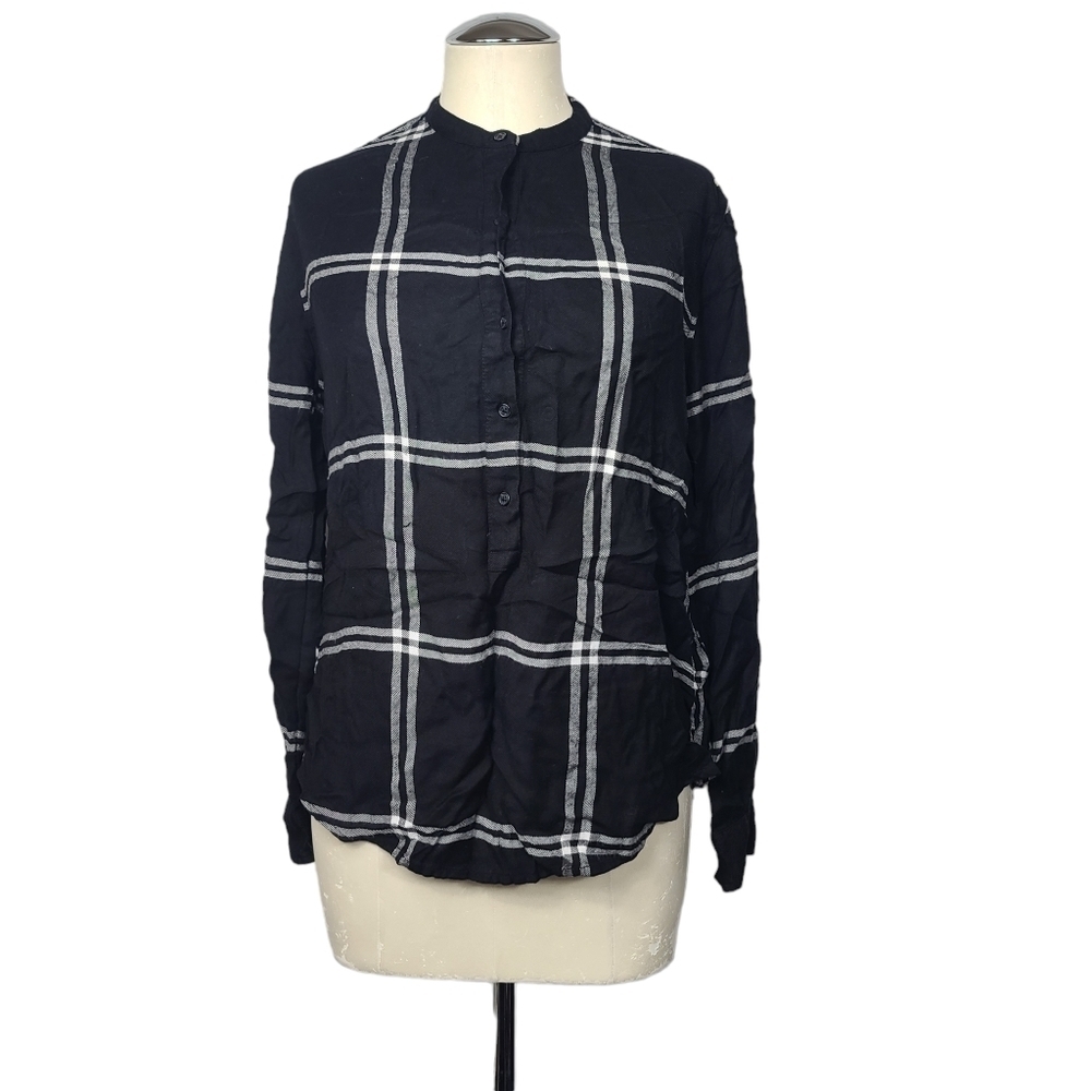 Lucky Brand Black White Plaid Half Button Down Rayon Top M
